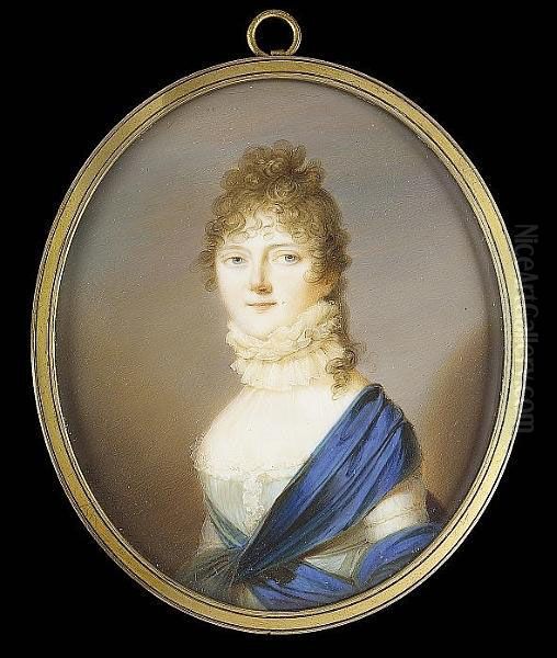 A Lady, Wearing Decollete Pale Blue Dress With White Lace Trim, Blue Sash Wound Around Her Body And Over Her Left Shoulder, Cream Ruff And Gauze Across Her Chest Oil Painting by Giovanni Domenico Bossi