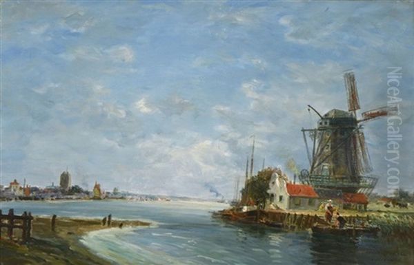 Moulin Pres De Dordrecht Oil Painting by Gaston Marie Anatole Roullet