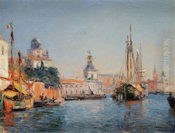 Le Seminaire Et La Douane, A Venise Oil Painting by Gaston Marie Anatole Roullet