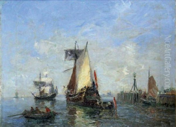 Voiliers En Hollande Oil Painting by Gaston Marie Anatole Roullet