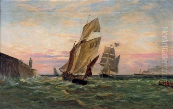 Voiliers Pres D'un Phare Oil Painting by Gaston Marie Anatole Roullet