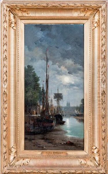 Pleine Lune Sur Le Port De Quimper Oil Painting by Gaston Marie Anatole Roullet