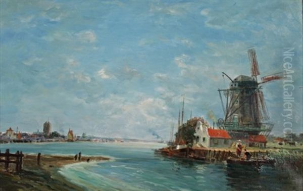 Le Moulin Pres De Dordrecht Oil Painting by Gaston Marie Anatole Roullet