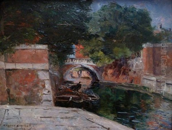 Un Pont Pres Du Jardin Public A Venise Oil Painting by Gaston Marie Anatole Roullet