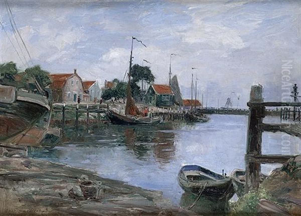 Vue D'un Port En Hollande Oil Painting by Gaston Marie Anatole Roullet