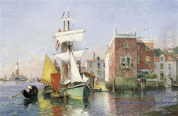 Venedig. Segler Vor Einem Haus Auf Der Giudecca Oil Painting by Gaston Marie Anatole Roullet