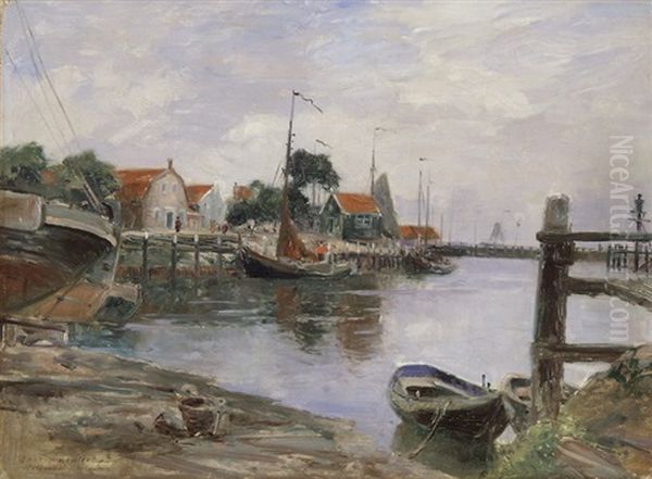 Volendam - Niederlandischer Fischerhafen Oil Painting by Gaston Marie Anatole Roullet