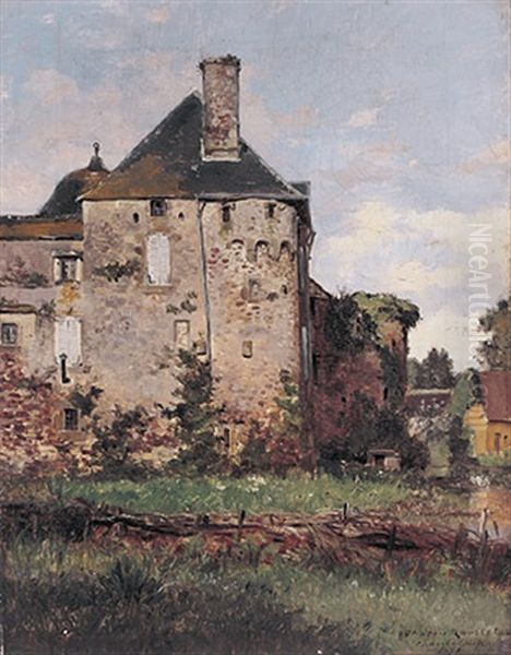 Blick Auf Altes Schloss Mit Teich, Schwanenpaar Und Gehoft An Einem Prachtvollen Sommertag Oil Painting by Gaston Marie Anatole Roullet