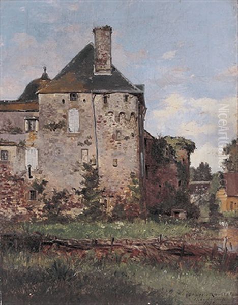 Blick Auf Altes Schloss An Einem Prachtvollen Sommertag Mit Teich, Schwanenpaar Und Gehoft Oil Painting by Gaston Marie Anatole Roullet