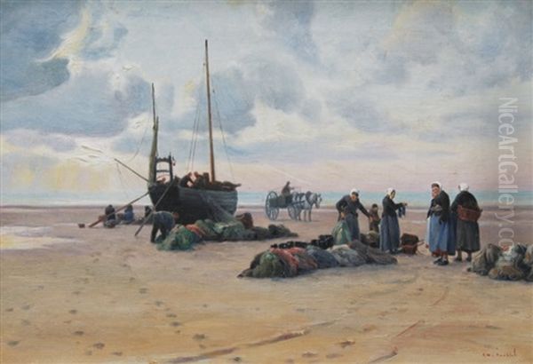 Plage Et Embarcation Oil Painting by Gaston Marie Anatole Roullet