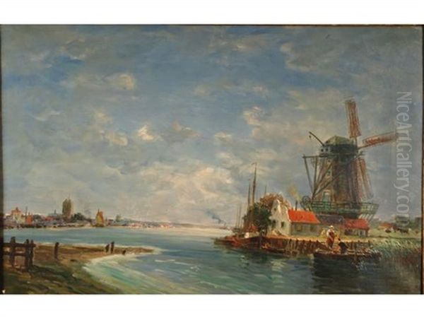 Le Moulin Sur La Meuse En Face De Dordrecht (hollande) Oil Painting by Gaston Marie Anatole Roullet