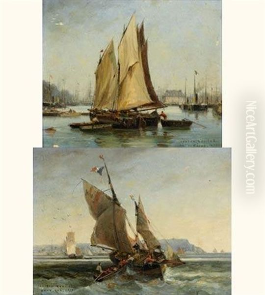 Bateaux Devant Honfleur (+ Bateaux Dans Le Port Du Havre; Pair) Oil Painting by Gaston Marie Anatole Roullet