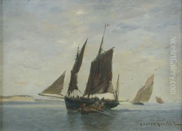 Bateaux Devant Une Cote Rocheuse Oil Painting by Gaston Marie Anatole Roullet