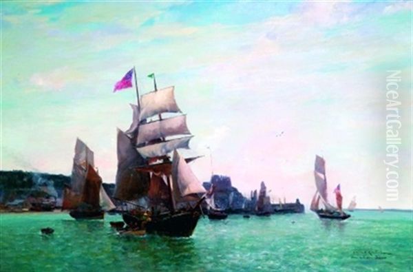 Bateaux Dans Le Port De Goray-jersey Oil Painting by Gaston Marie Anatole Roullet