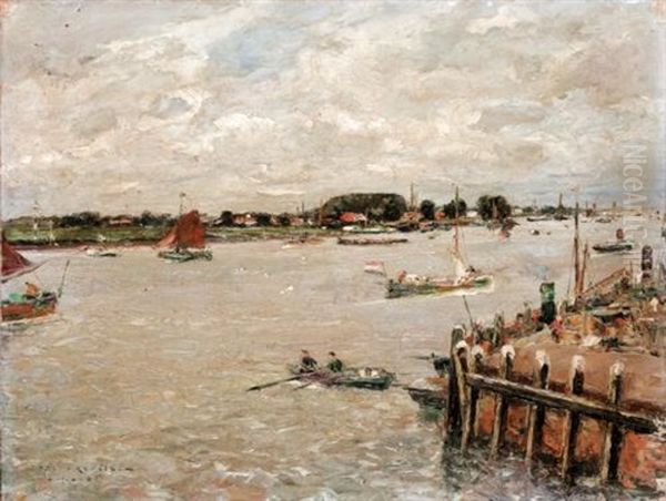 Harbour Scene, Holland Oil Painting by Gaston Marie Anatole Roullet