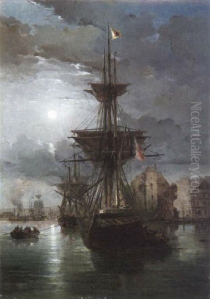 Port D'honfleur Au Crepuscule Oil Painting by Gaston Marie Anatole Roullet