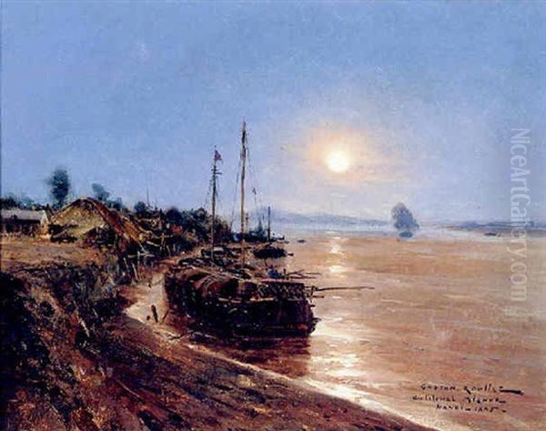 Boats Before A Village By Moonlight, Hanoi Oil Painting by Gaston Marie Anatole Roullet