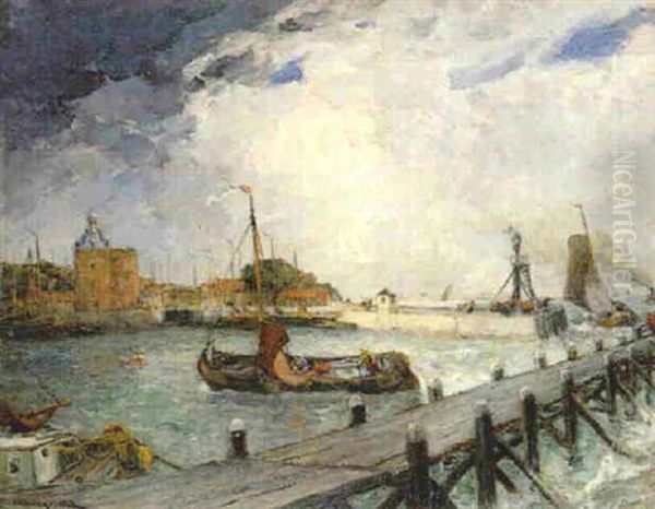 A Harbor In Holland Oil Painting by Gaston Marie Anatole Roullet