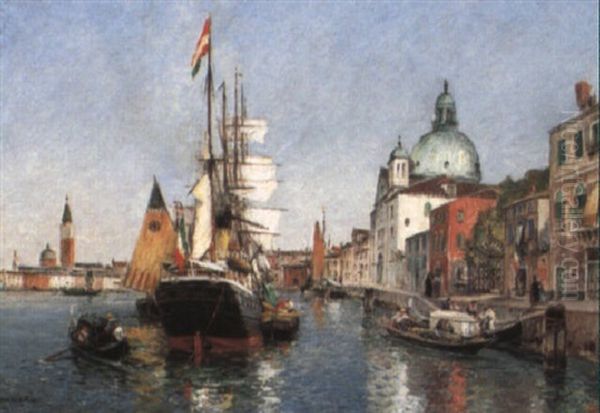 A Frigate Anchored In Venice by Gaston Marie Anatole Roullet