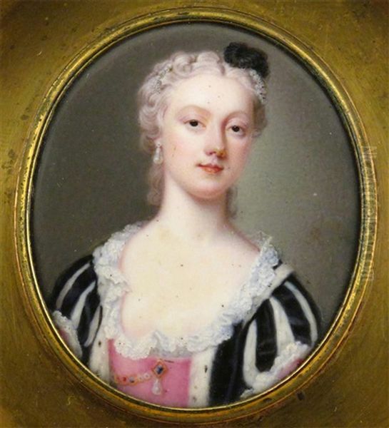 A Lady, Head And Shoulders In A Striped Dress With Pink Bodice Oil Painting by Jean Andre Rouquet