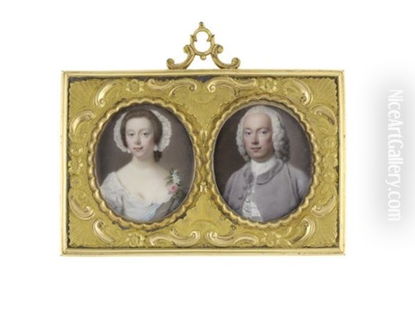 A Pair Of Miniatures Portraying Mr Edward Fowke (1714-1789) And His Wife, Mrs Hester Fowke Nee Hollond (c.1724-1750): He, Wearing Violet Coat, White Waistcoat, Chemise, Stock And Cravat Oil Painting by Jean Andre Rouquet