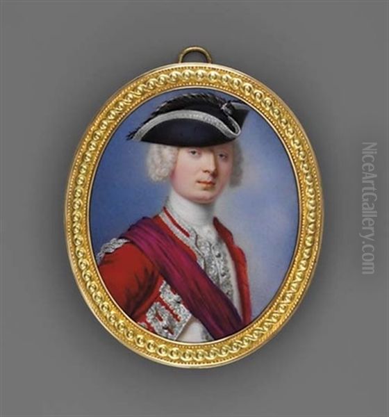 A Superb Miniature Of A Young Nobleman In Silver-embroidered Scarlet Coat And Cream Waistcoat Oil Painting by Jean Andre Rouquet