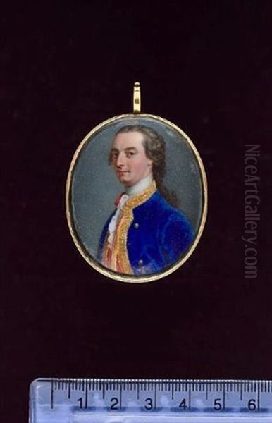 A Nobleman Wearing Blue Coat Edged With Gold Braid, Gold Buttons, Red Waistcoat, White Cravat, His Hair Worn En Queue Oil Painting by Jean Andre Rouquet