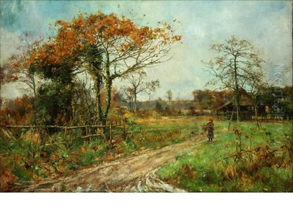 Faggot Gatherer On A Country Path Oil Painting by Robert William Arthur Rouse