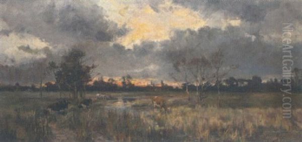 Cattle Grazing At Sunset by Robert William Arthur Rouse