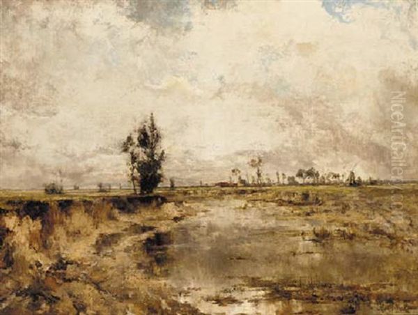 A Norfolk River Landscape With A Farm And Windmill Beyond Oil Painting by Robert William Arthur Rouse