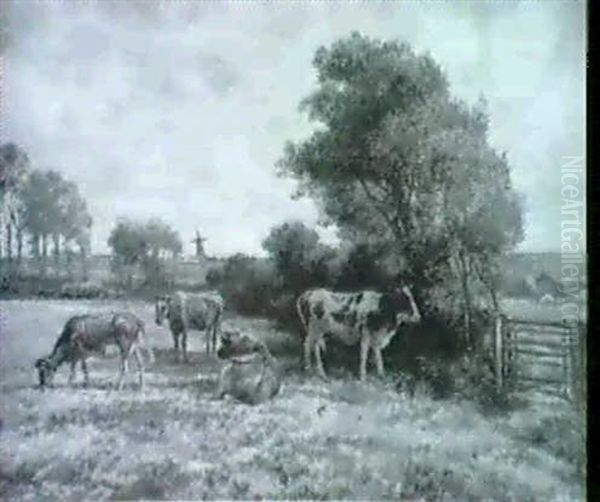 Cattle Grazing In A Wooded Landscape (a Pair) by Robert William Arthur Rouse