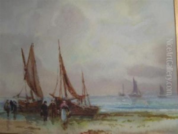 Unloading The Catch At Whitby Sands Oil Painting by Frank Rousse