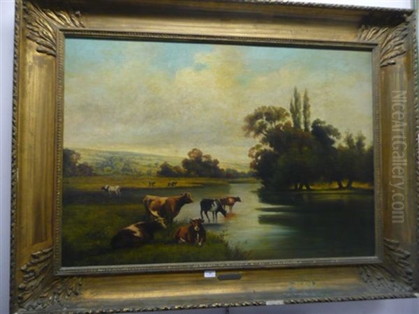 Vaches Au Bord D'une Riviere Oil Painting by Adrien Rousseau