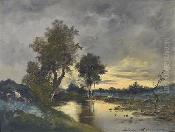 Landschaft Bei Sonnenuntergang Mit Weiher Oil Painting by Adrien Rousseau