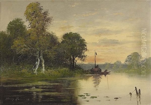 Flusslandschaft In Der Morgendammerung Mit Anglern Oil Painting by Adrien Rousseau