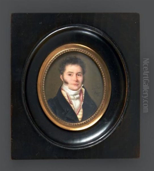 Portrait D'un Jeune Homme En Redingote Grise, Gilet Raye Jaune Double De Rose Et Cravate Blanche. Il Est Coiffe De Fines Meches Et Favoris Oil Painting by Edme Rousseau