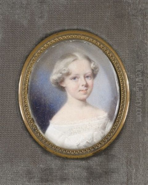 Portrait D'une Enfant Blonde Aux Yeux Bleus, Dans Un Cadre En Velours Gris Oil Painting by Edme Rousseau