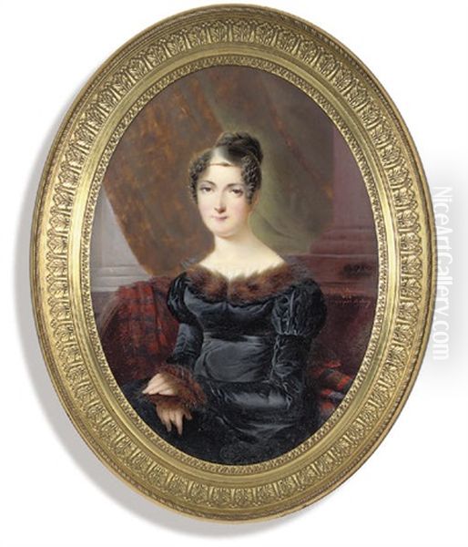 A Young Lady, Seated On A Red And Blue Stole Oil Painting by Edme Rousseau