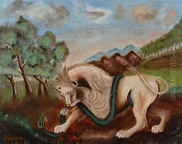 Lion Devorant Un Boa Oil Painting by Henri Rousseau