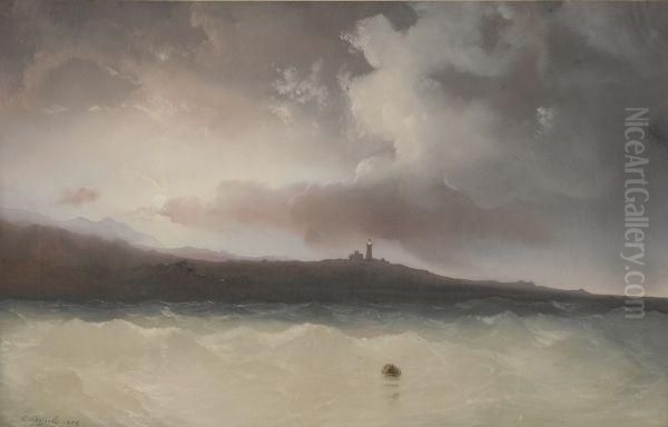 Across The Water To The Coast With A Lighthouse Oil Painting by Carlo Bossoli