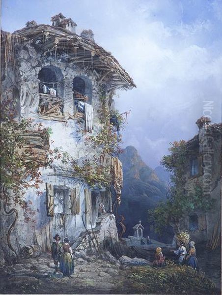 Contadini Nei Pressi Di Un Borgo Rurale Con Piccolo Santuario In Un Paesaggio Di Montagna Oil Painting by Carlo Bossoli