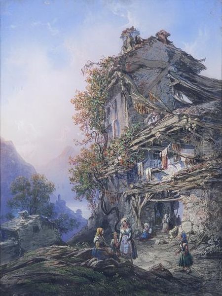 Casa Rurale Con Contadini Nei Pressi Di Un Lago Nella Vallata Oil Painting by Carlo Bossoli