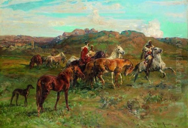 Cavaliers Marocains Et Chevaux Sauvages Oil Painting by Henri Emilien Rousseau