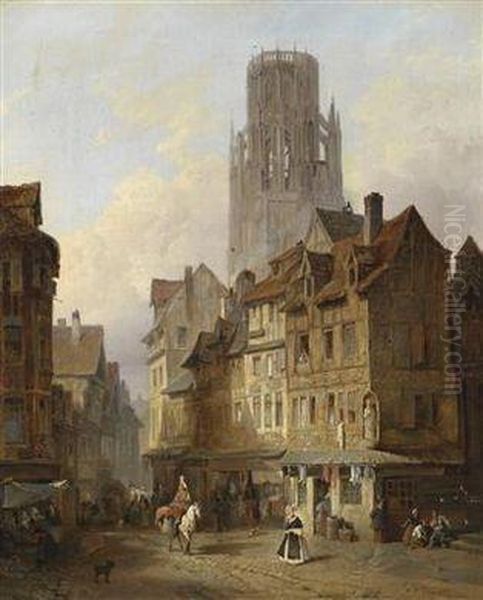 Street Scene In Roubaix Oil Painting by Francois Antoine Bossuet