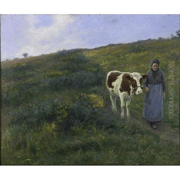 A Pasture With Breton Woman And Cow Oil Painting by Jean Jacques Rousseau