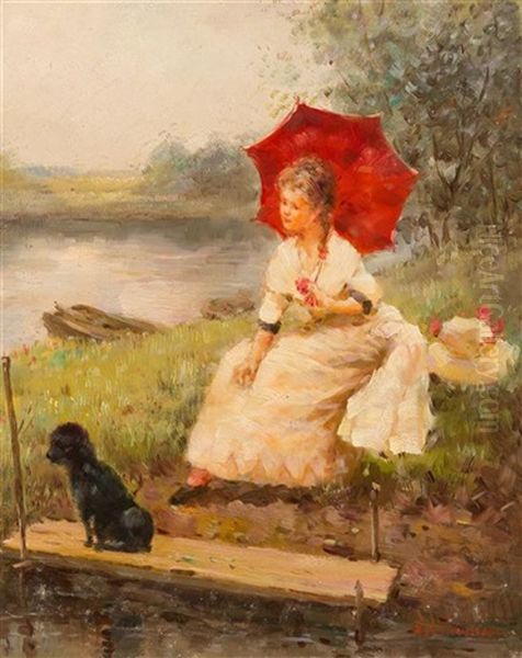 Lady With Red Parasol Oil Painting by Marguerite Rousseau