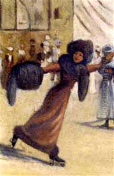 Rollerskating Oil Painting by Marguerite Rousseau