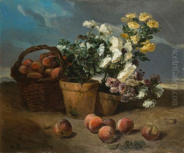 Nature Morte Aux Chrysanthemes Et Aux Peches De Vignes Oil Painting by Philippe Rousseau