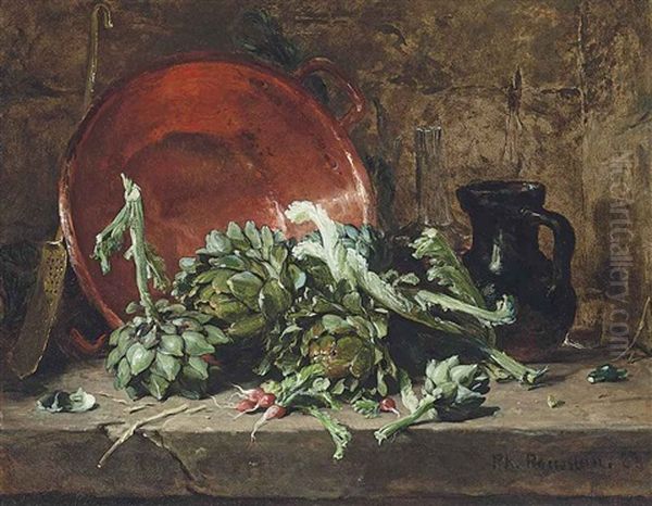 Artichokes And Radishes With A Copper Pot On A Stone Ledge Oil Painting by Philippe Rousseau