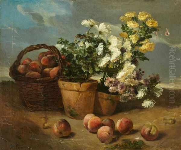 Nature Morte Aux Peches Et Aux Chrysanthemes Oil Painting by Philippe Rousseau